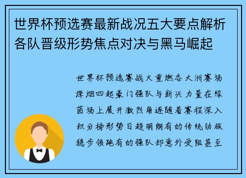 世界杯预选赛最新战况五大要点解析各队晋级形势焦点对决与黑马崛起